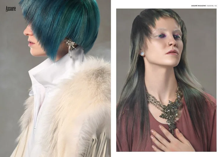 Assure Glacial, pages 54 and 55: a teal bob in white fur with an Andrea Li crystal ear piece, and a portrait in rose with an Andrea Li cluster necklace