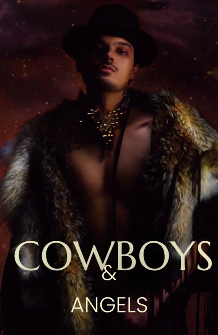 Cowboys and Angels title graphic: a man in a bowler hat and fox fur against a starry sky, wearing an Andrea Li gold cluster collar