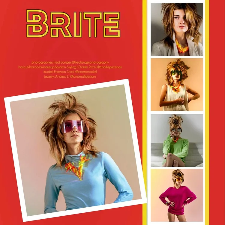 BRITE layout with the printed credits: photographer Fred Langer, styling Charlie Price, model Emerson Soleil, jewelry Andrea Li; a model in a blue top and pink visor wearing an Andrea Li orange and red spiked necklace, with four smaller looks
