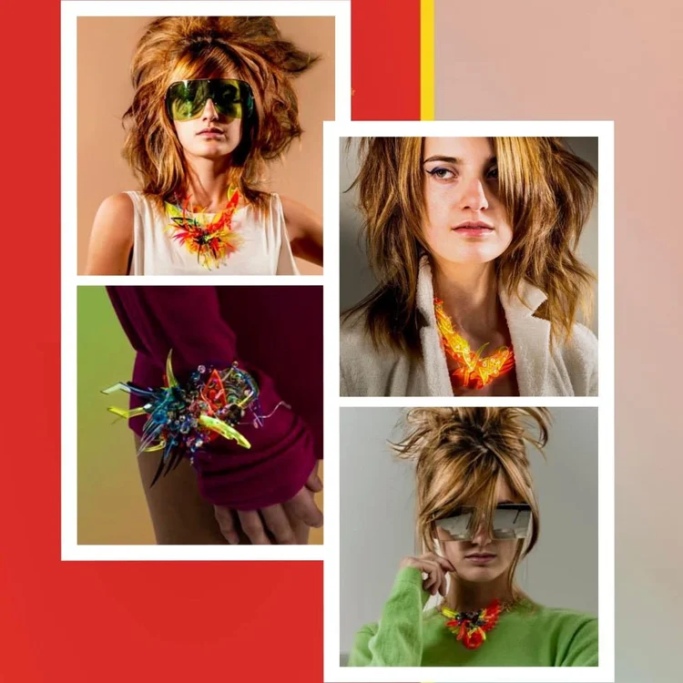 BRITE layout of four frames: a green visor with an Andrea Li spiked statement necklace, an Andrea Li multicolor cluster cuff on a magenta sleeve, an orange crystal necklace with a beige coat, and a red necklace with a green sweater