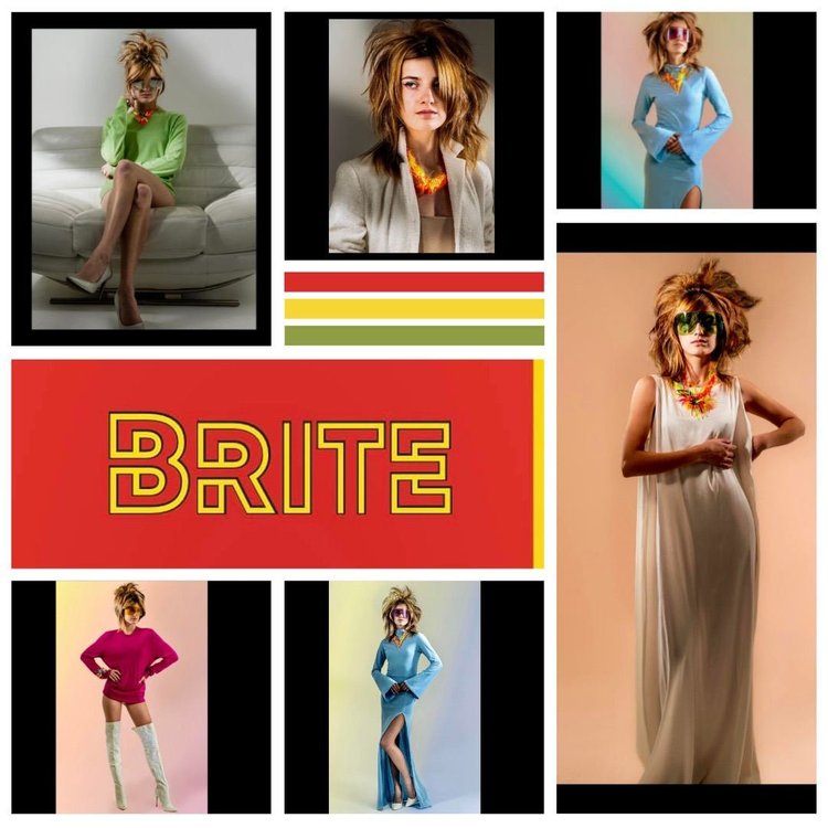 BRITE layout: the red and yellow BRITE title block with six looks, among them a white column gown and a blue slit dress, all with Andrea Li necklaces