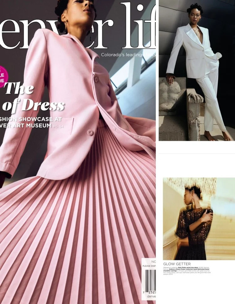 Denver Life cover, The Art of Dress, a fashion showcase at the Denver Art Museum, with a model in a pink suit, beside the Glow Getter page: a model in black lace wearing Andrea Li Desert Power tiered chandelier earrings