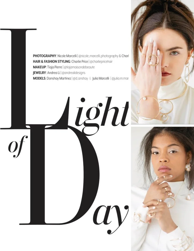 Light of Day opener in Fashion West: the large title and printed credits beside two portraits with Andrea Li Aglow gold and pearl rings, cuffs and earrings