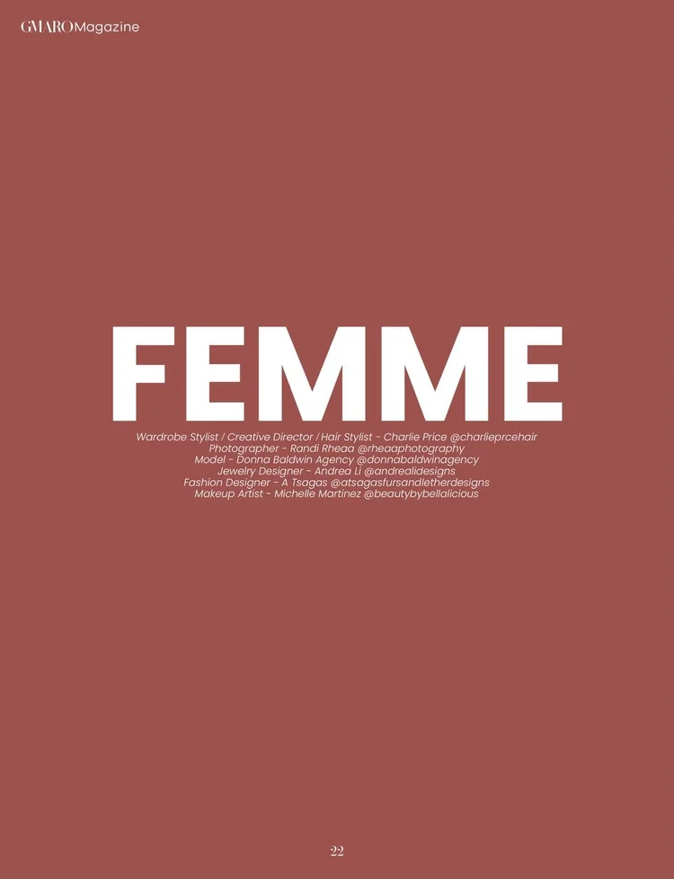 GMARO FEMME credit page, page 22, with the credit Jewelry Designer, Andrea Li