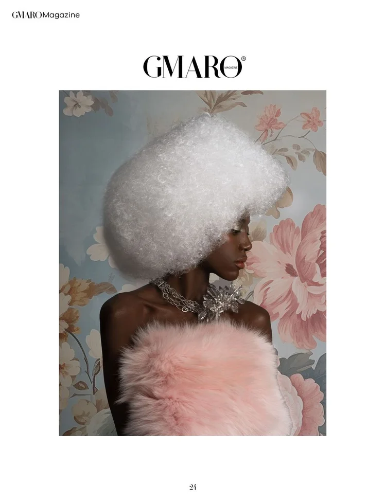 GMARO FEMME page 24: the model in pink fur seen in profile
