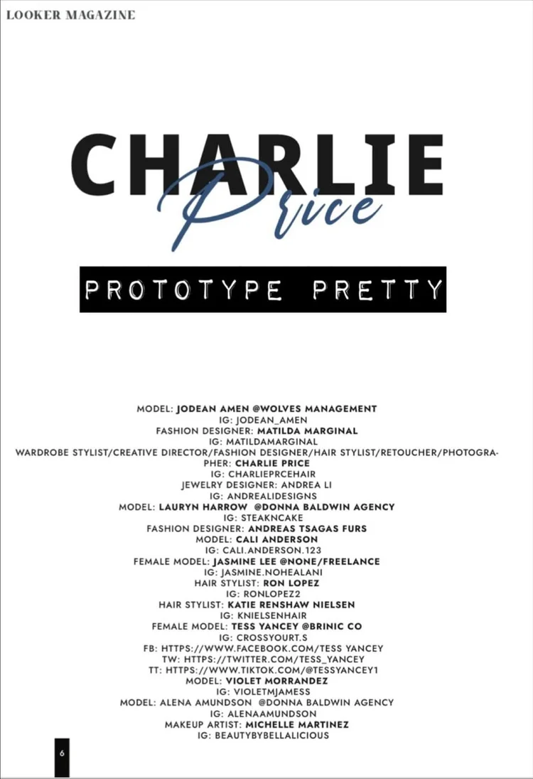 LOOKER Magazine credits page, Charlie Price, Prototype Pretty