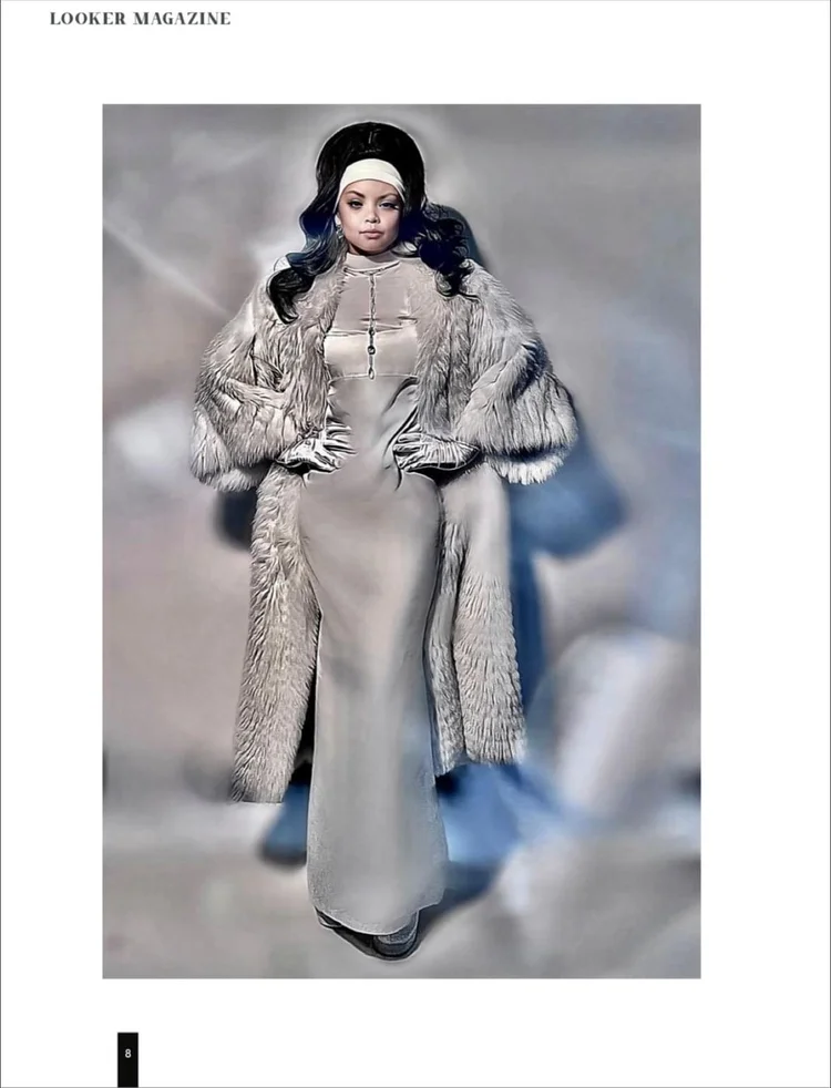 LOOKER Magazine page: a full-length model in a pale dress and fur