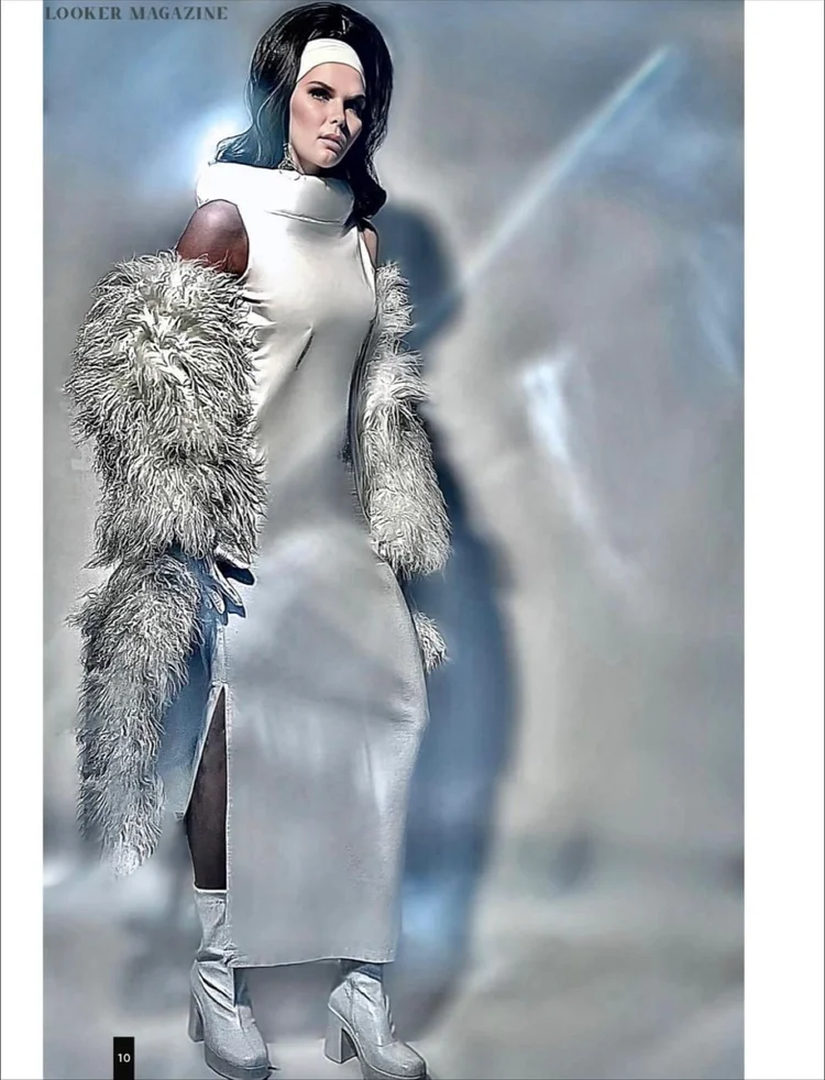 LOOKER Magazine page 10: a model in a white dress with fur