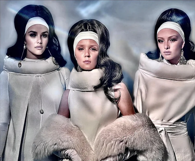 Three models in pale coats and white headbands