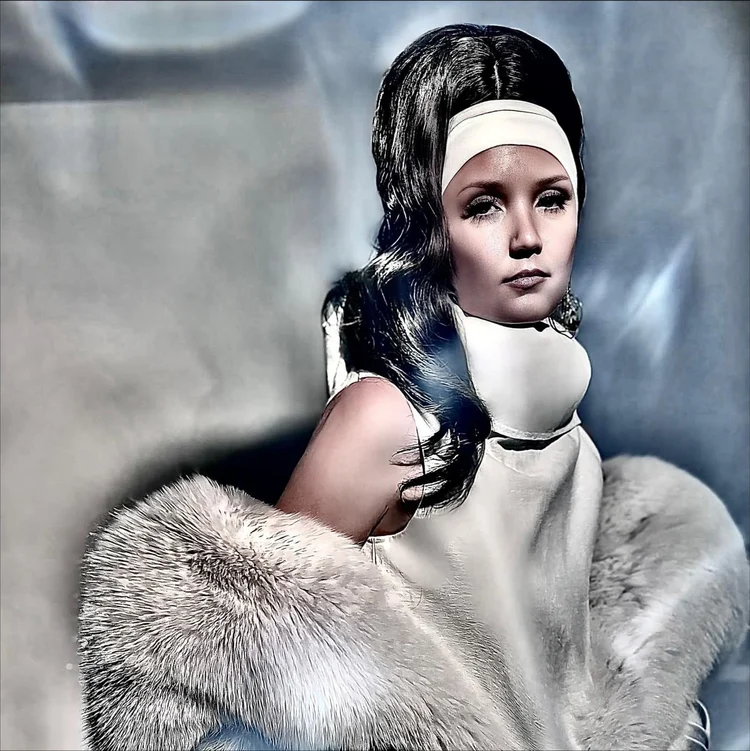 A model in a high fur collar, close portrait