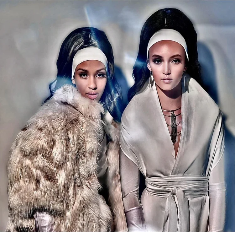 Two models in a framed image, fur and headbands