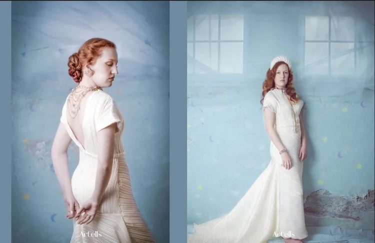 Artells digital spread: a back view with an Andrea Li crystal back necklace, and a full-length frame