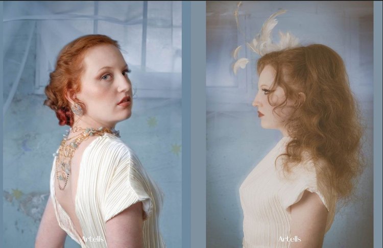 Artells digital spread: an over-the-shoulder portrait with the back necklace, and a profile with feathers