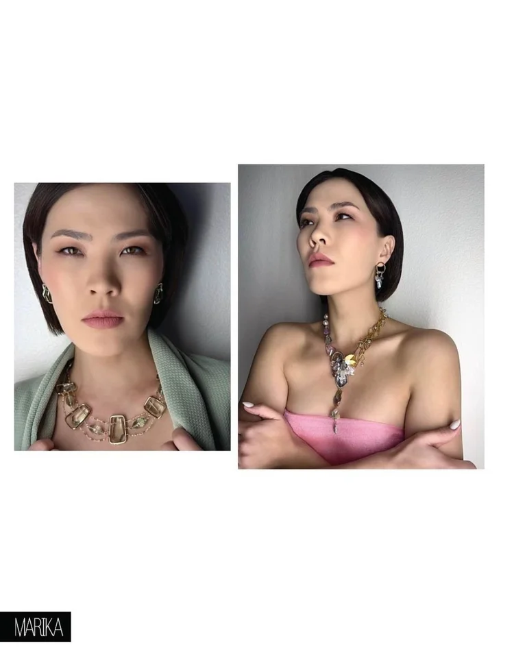 MARIKA Tamar page with two images, a framed quartz necklace and a pink organza look