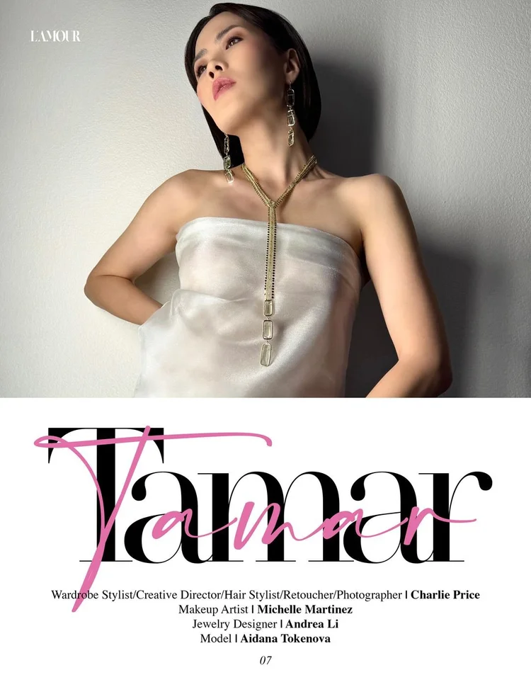 L'AMOUR page 07: the Tamar title in black and pink script over the printed credits, with the model in an Andrea Li lariat