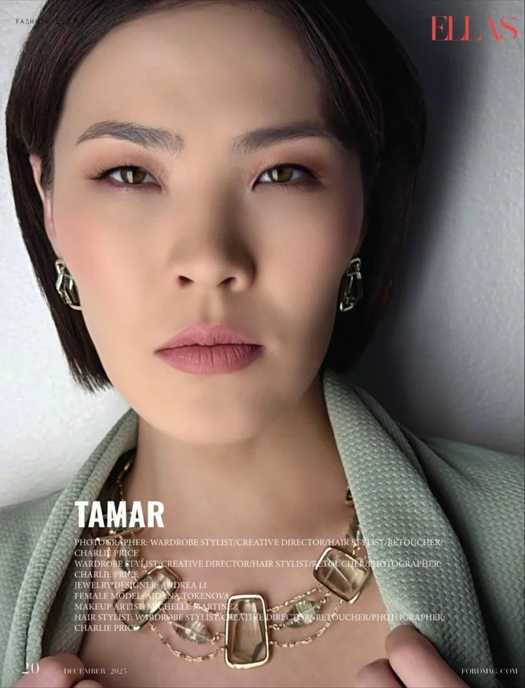 ELLAS page 20, December 2025: the TAMAR opener with team credits and an Andrea Li framed quartz necklace
