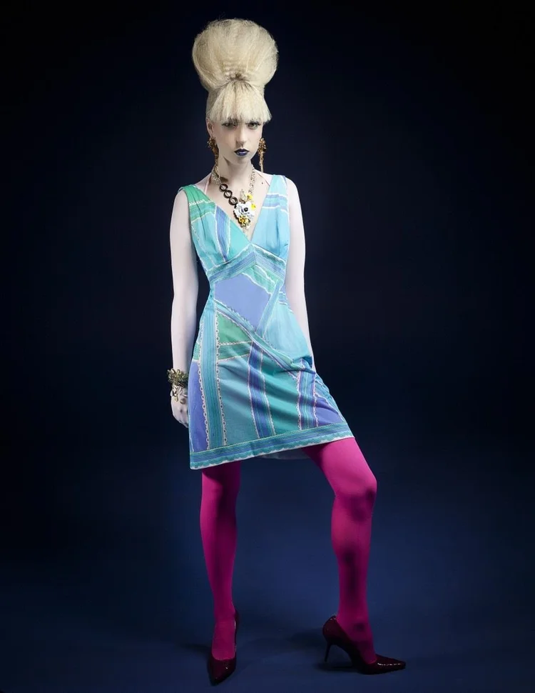 Full length in a turquoise print dress and magenta tights with an Andrea Li necklace