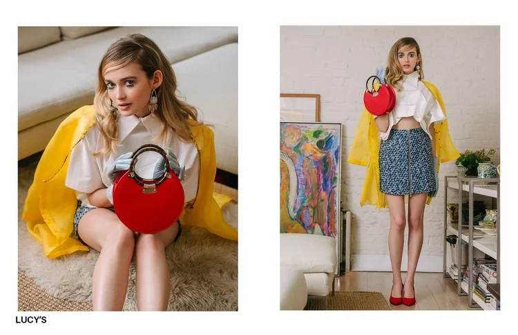 LUCY'S spread: a 1960s-styled model in yellow with dangling Andrea Li crystal earrings
