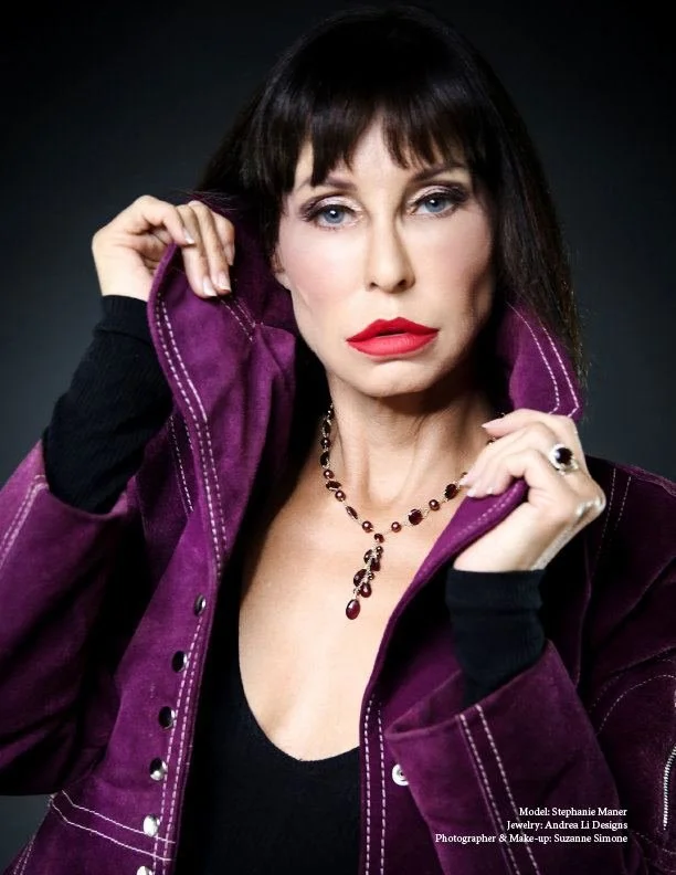 Defined Magazine portrait: model Stephanie Maner in a purple jacket with an Andrea Li garnet-tone necklace
