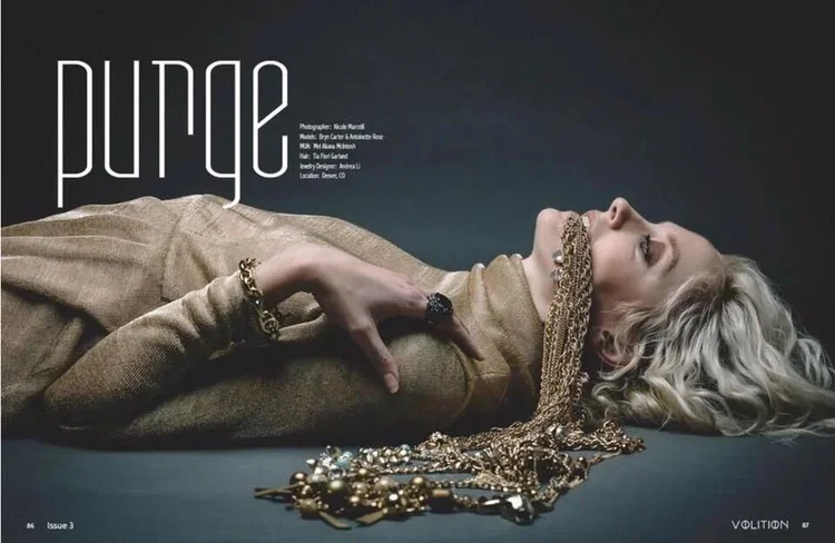 Volition, Issue 3, pages 86 and 87, Purge: a blonde model lying back in a gold knit, draped in Andrea Li gold chain and crystal necklaces, with the printed credits