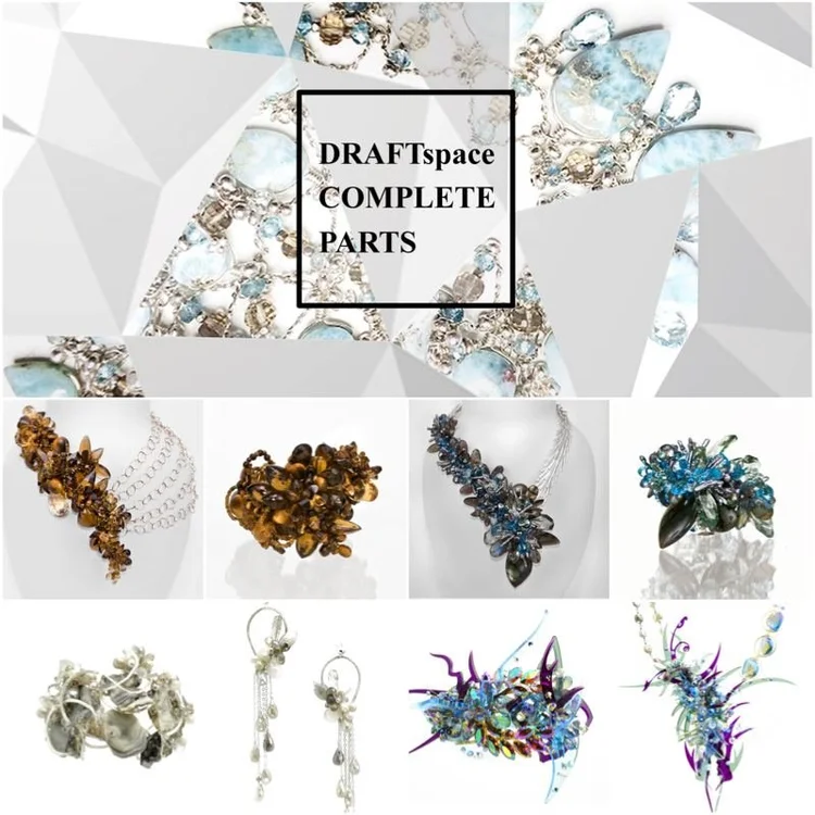 DRAFTspace teaser collage: the Complete Parts key art with eight Andrea Li product shots, including a smoky cluster collar and cuff