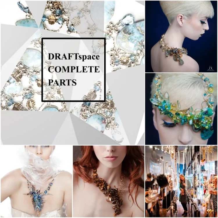 DRAFTspace collage: the Complete Parts key art with editorial images of Andrea Li jewelry