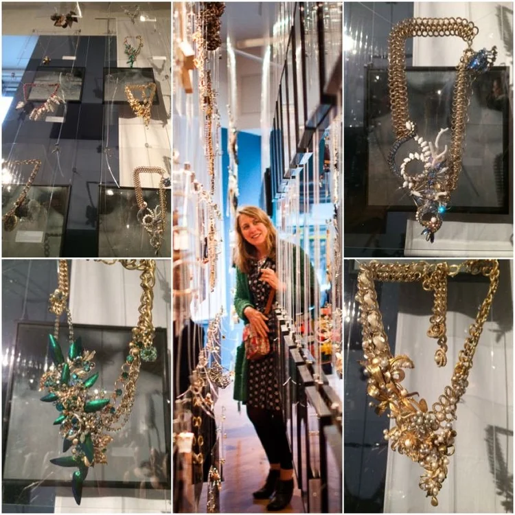 Collage of the 2014 hanging display with Andrea Li vintage-component necklaces and a visitor