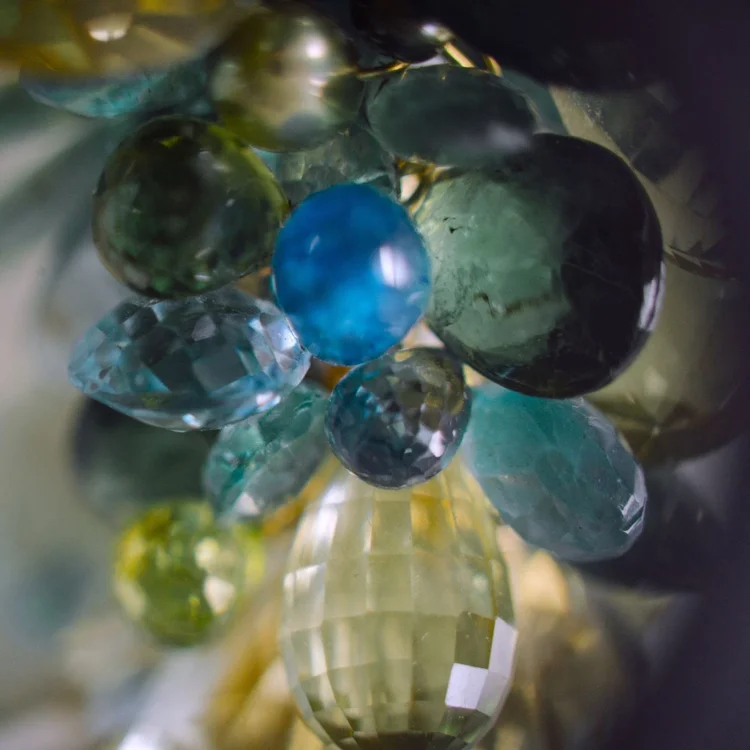 Color macro of a blue stone among green briolettes