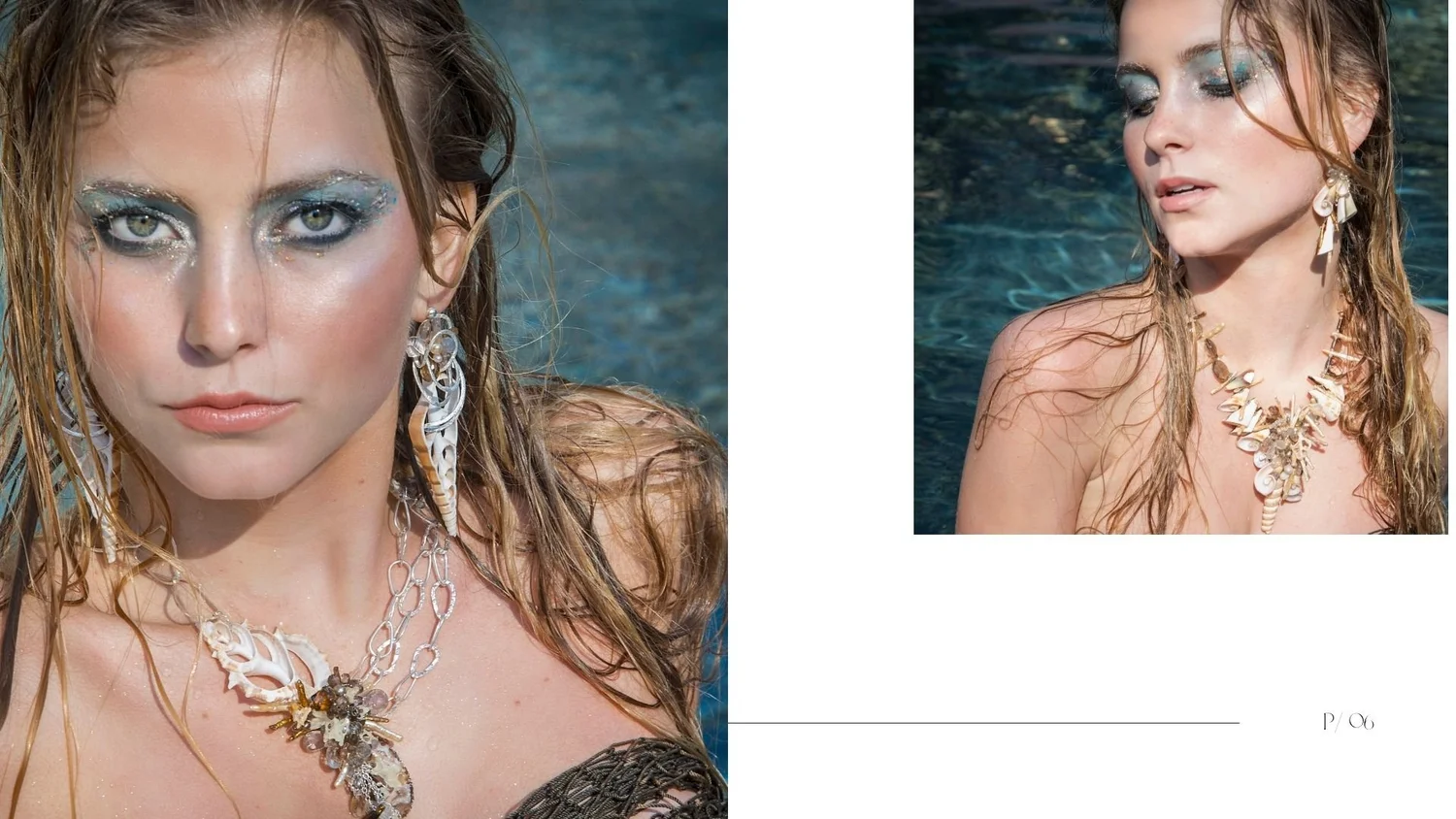 Editorial-style lookbook spread featuring two close-up poolside portraits of a model with shimmering blue eye makeup wearing bold shell-inspired statement jewelry, including oversized earrings and a dramatic necklace.
