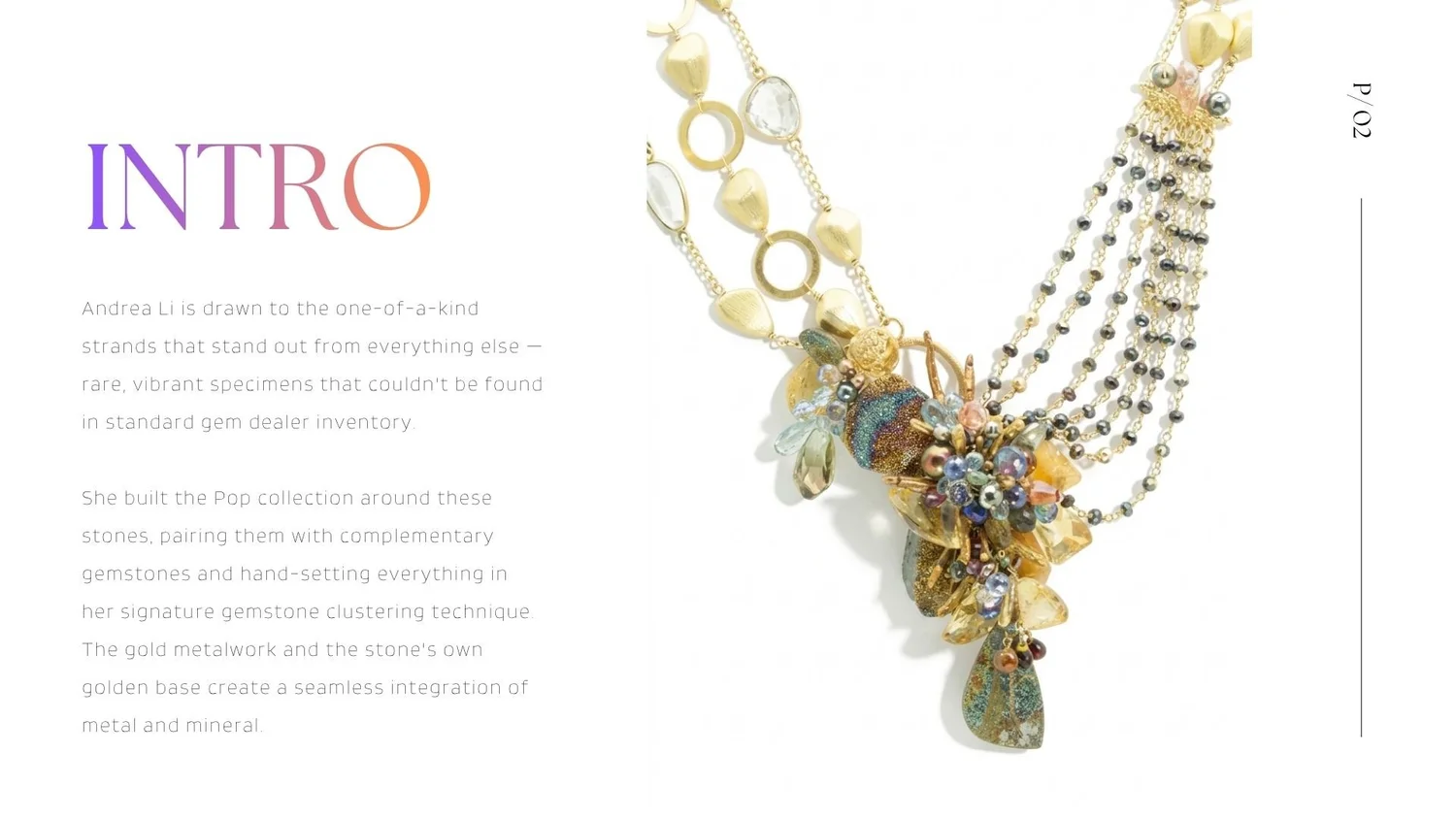 Intro page with colorful heading, descriptive text, and a bold gold statement necklace featuring multicolor gemstones on white.