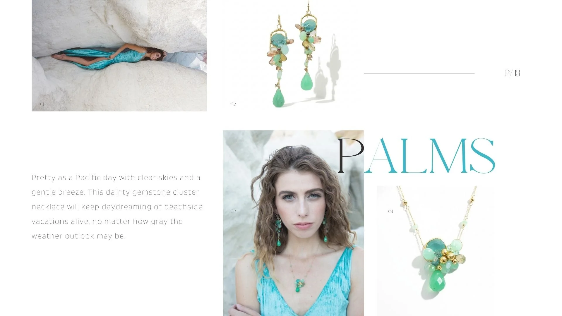 Lookbook collage with a model in an aqua dress, green gemstone earrings and necklace, plus matching product close-ups.