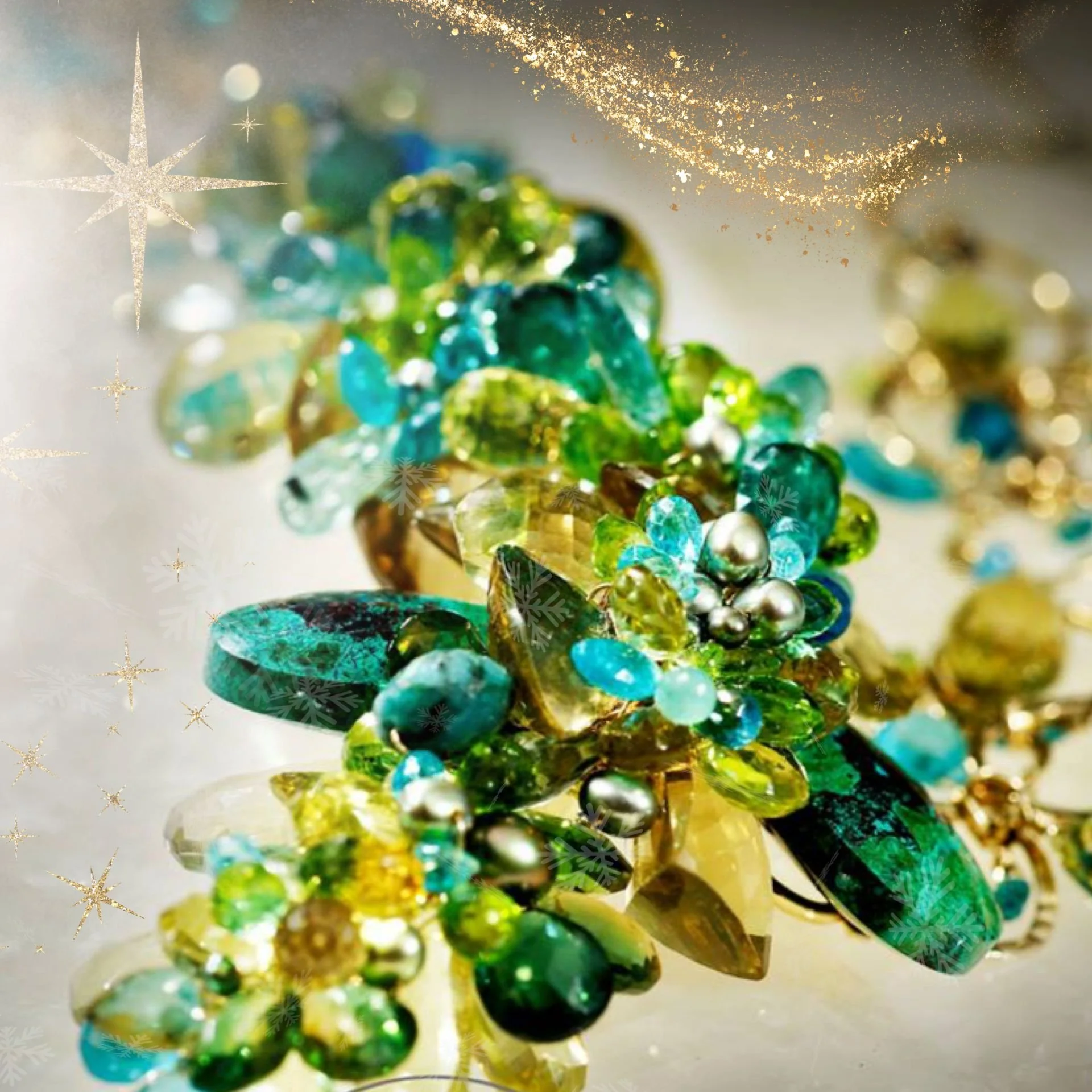 Close-up of a vibrant green and blue gemstone statement necklace with pearl accents, gold sparkles, and holiday snowflake overlays.
