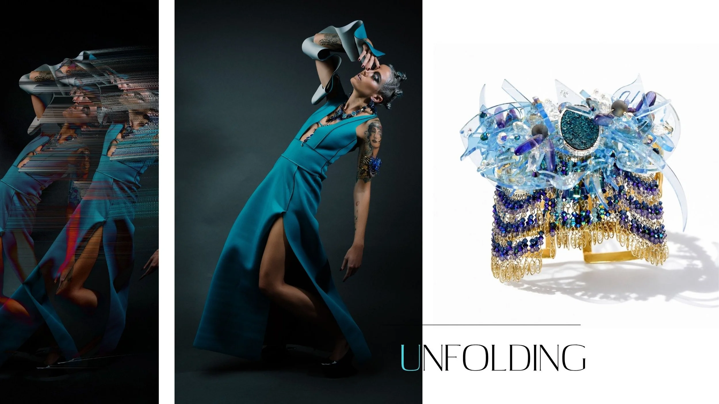 Fashion spread featuring a tattooed model in a teal sculptural gown beside a blue crystal cuff with gold fringe and plexiglass details.