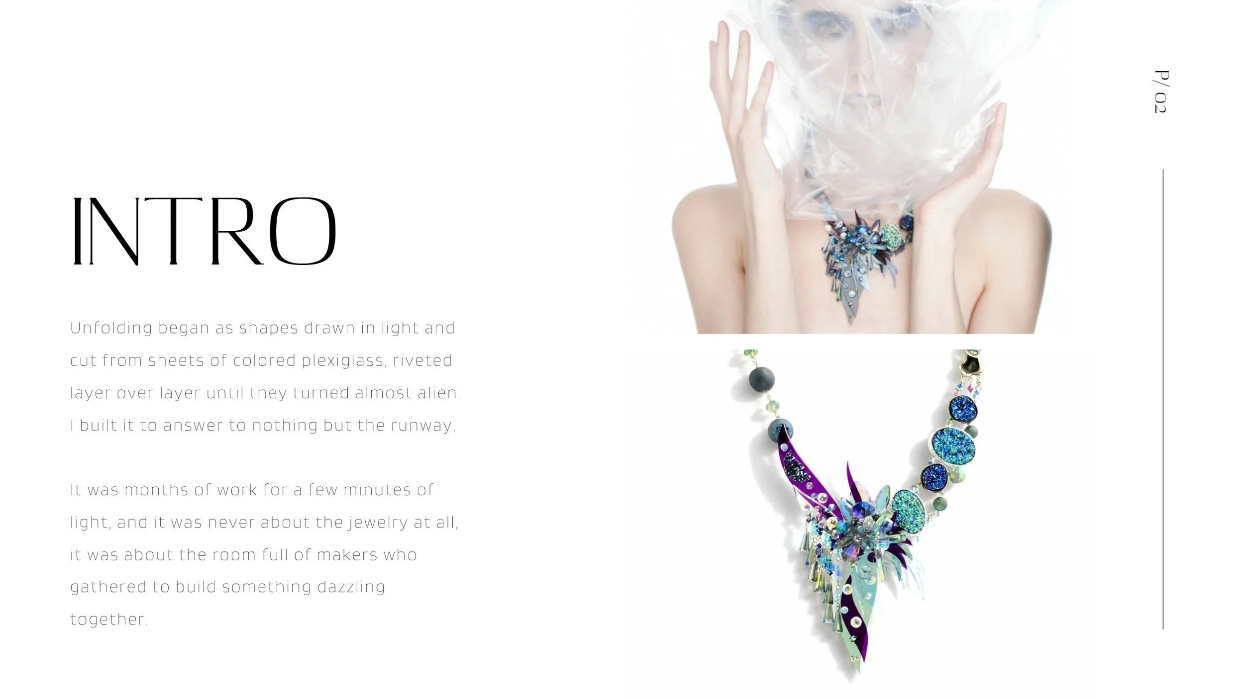 Unfolding lookbook intro with a model veiled in translucent fabric and a close-up of a blue-purple sculptural statement necklace.