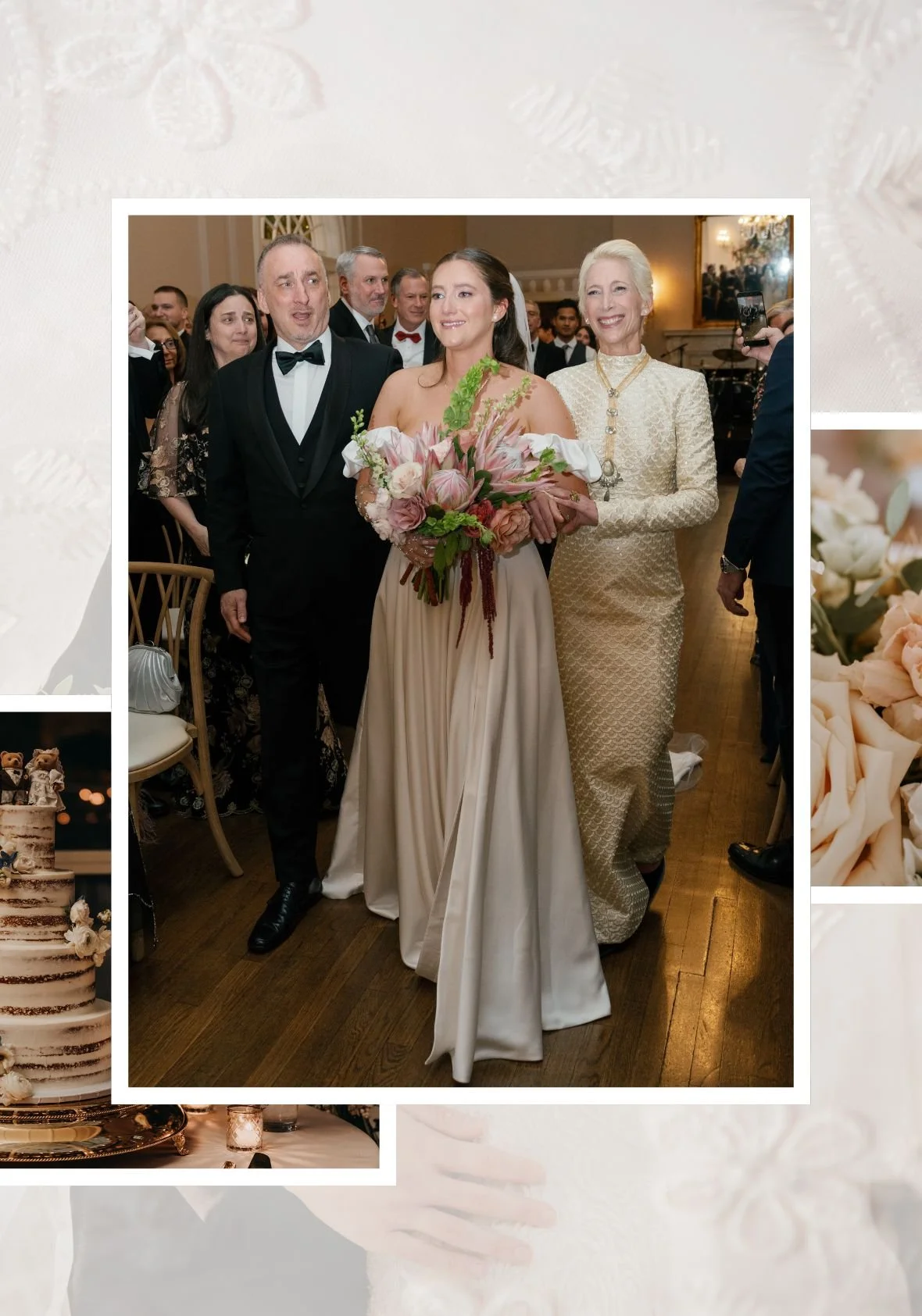 Bride holding a pink bouquet walks between her smiling parents at a wedding reception, framed by soft floral and cake details.