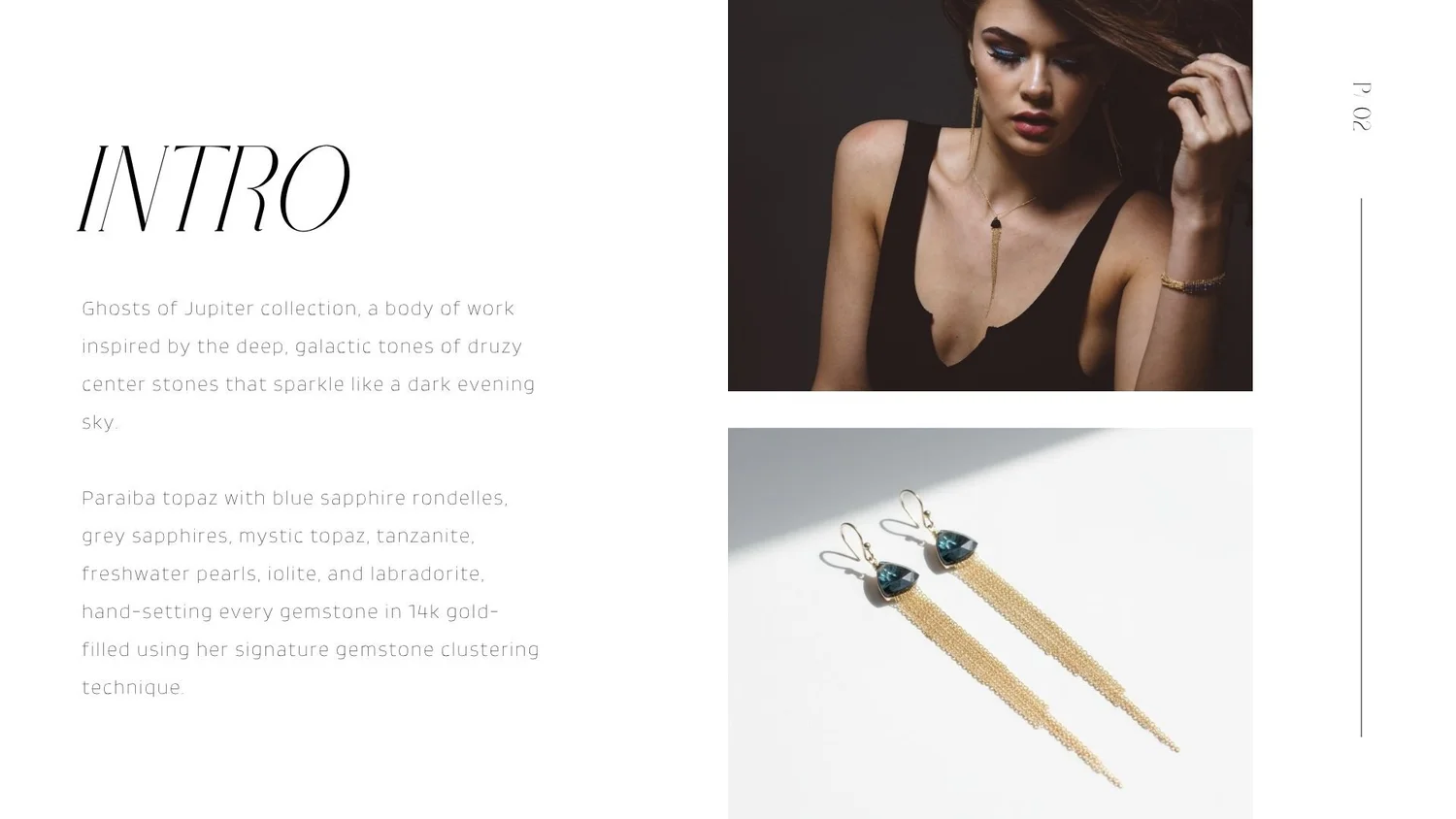 Lookbook intro page for “Ghosts of Jupiter,” featuring a moody portrait of a woman in a black dress wearing a delicate gold pendant necklace, paired with a product photo of long gold chain earrings with deep blue gemstone tops.