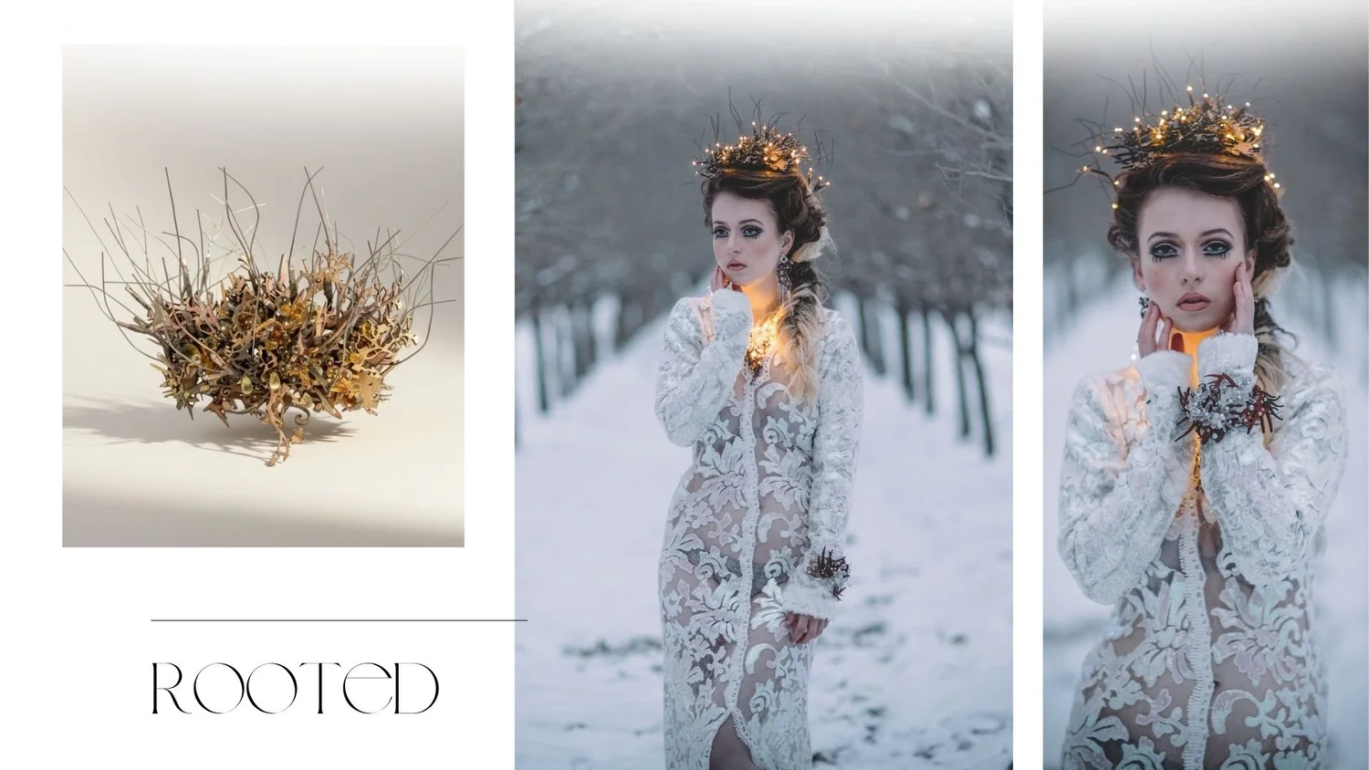 Editorial-style lookbook spread featuring a sculptural branch-and-gemstone crown alongside two winter portraits of a model in a lace gown wearing the illuminated crown and matching statement jewelry in a snowy orchard.