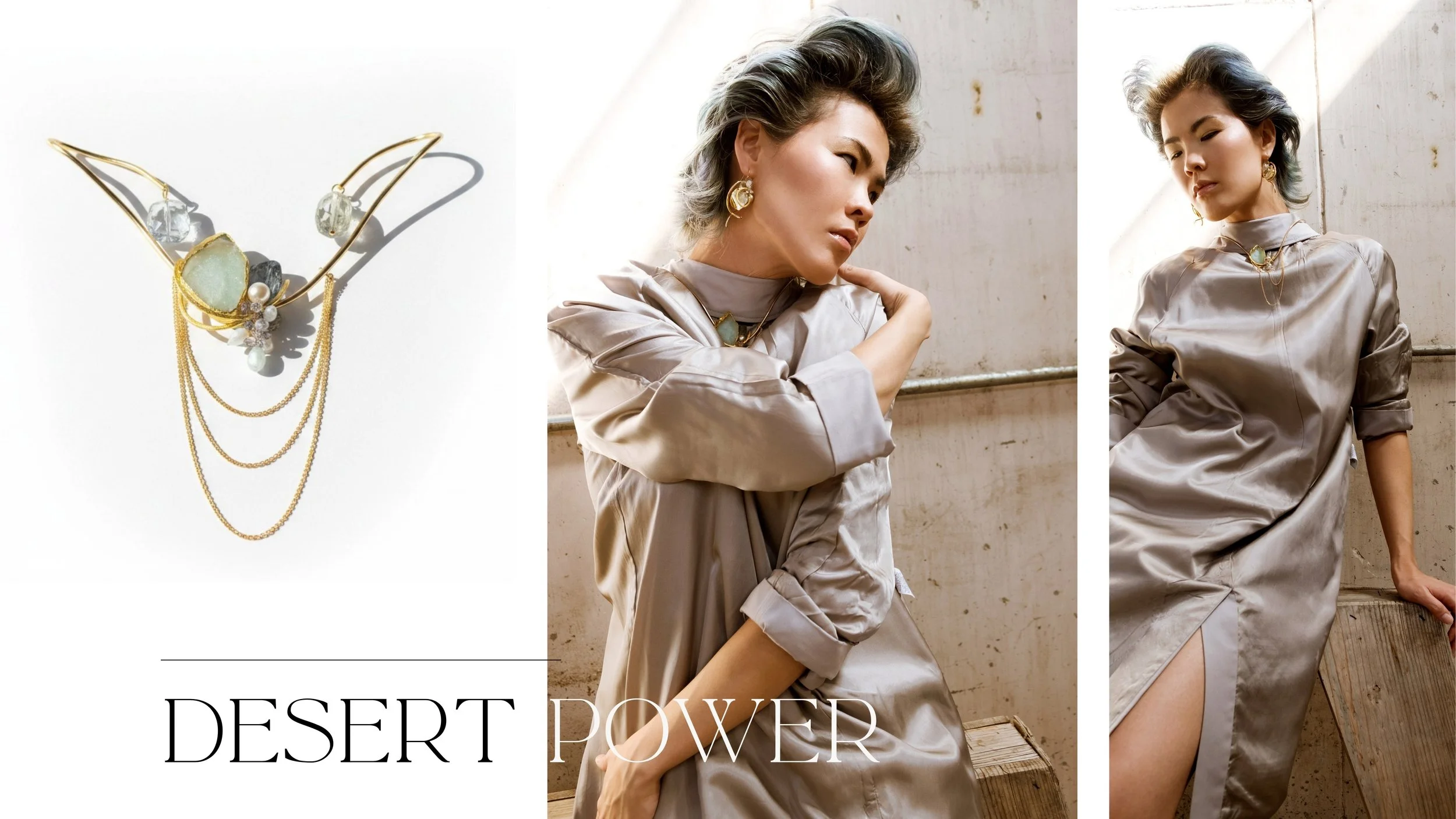 Editorial collage for Desert Power featuring a sculptural gold brooch and two model portraits in a soft, modern lookbook layout.