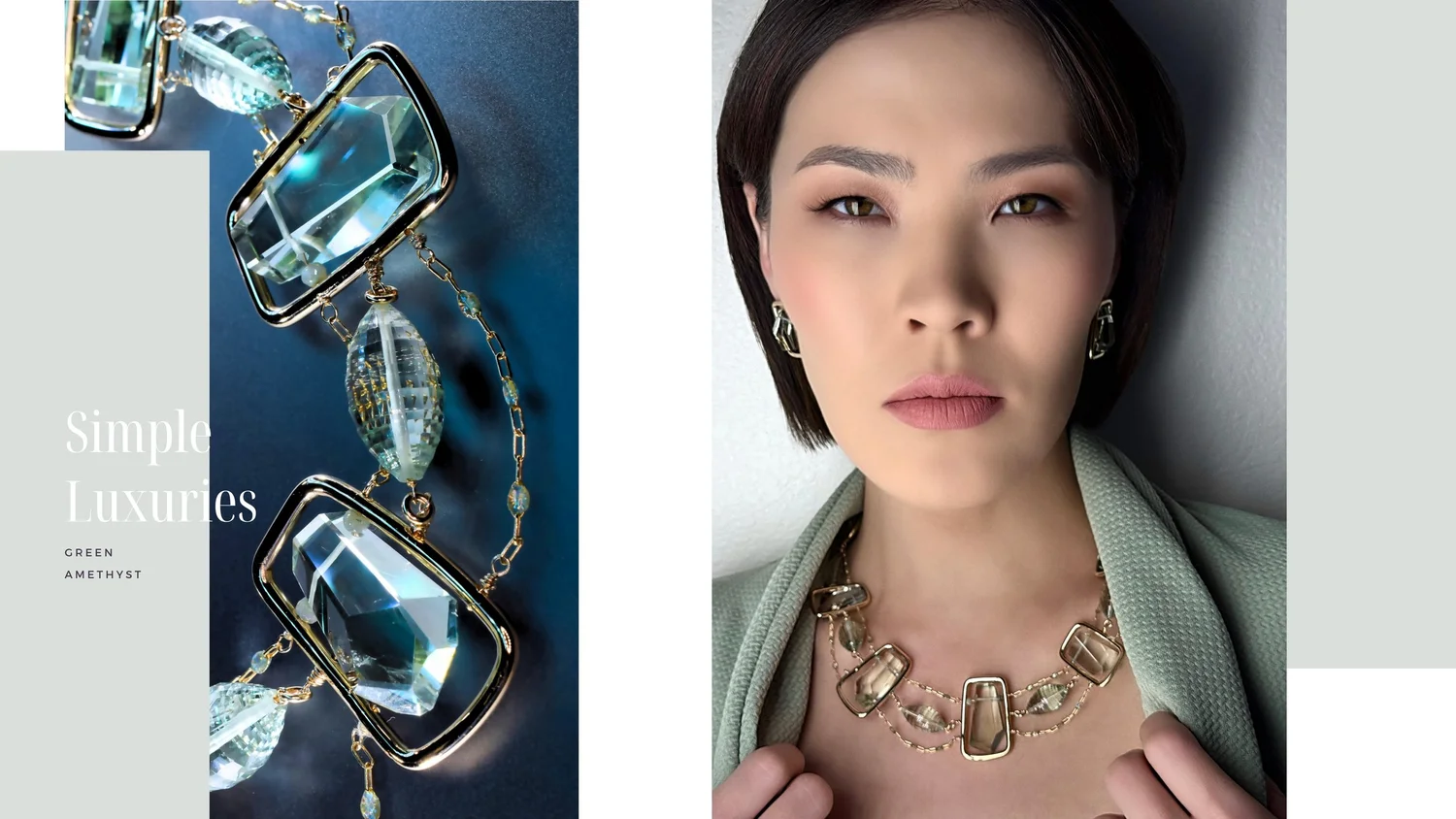 Model wearing a Tamar Collection green amethyst collar necklace and matching earrings