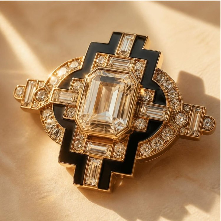 Art Deco-style brooch with a geometric black enamel frame around a large emerald-cut clear stone