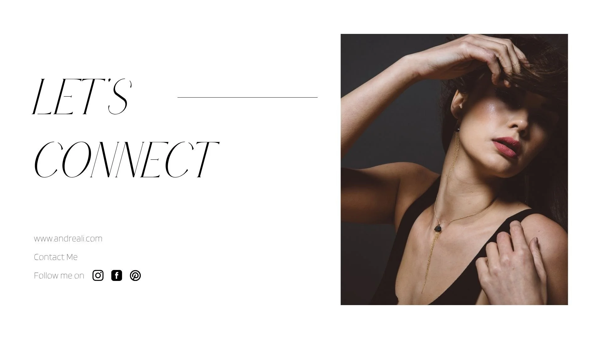 Contact page featuring a brunette model in a black dress wearing long gold earrings and necklace beside “Let’s Connect” text.