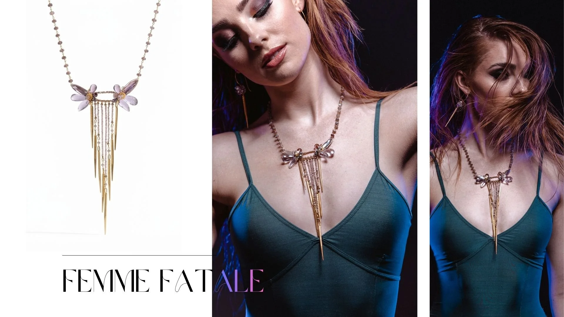 Lookbook spread featuring a product photo of a dramatic gold fringe necklace with blush gemstone accents, alongside two moody portraits of a woman wearing the same statement necklace with matching long drop earrings.
