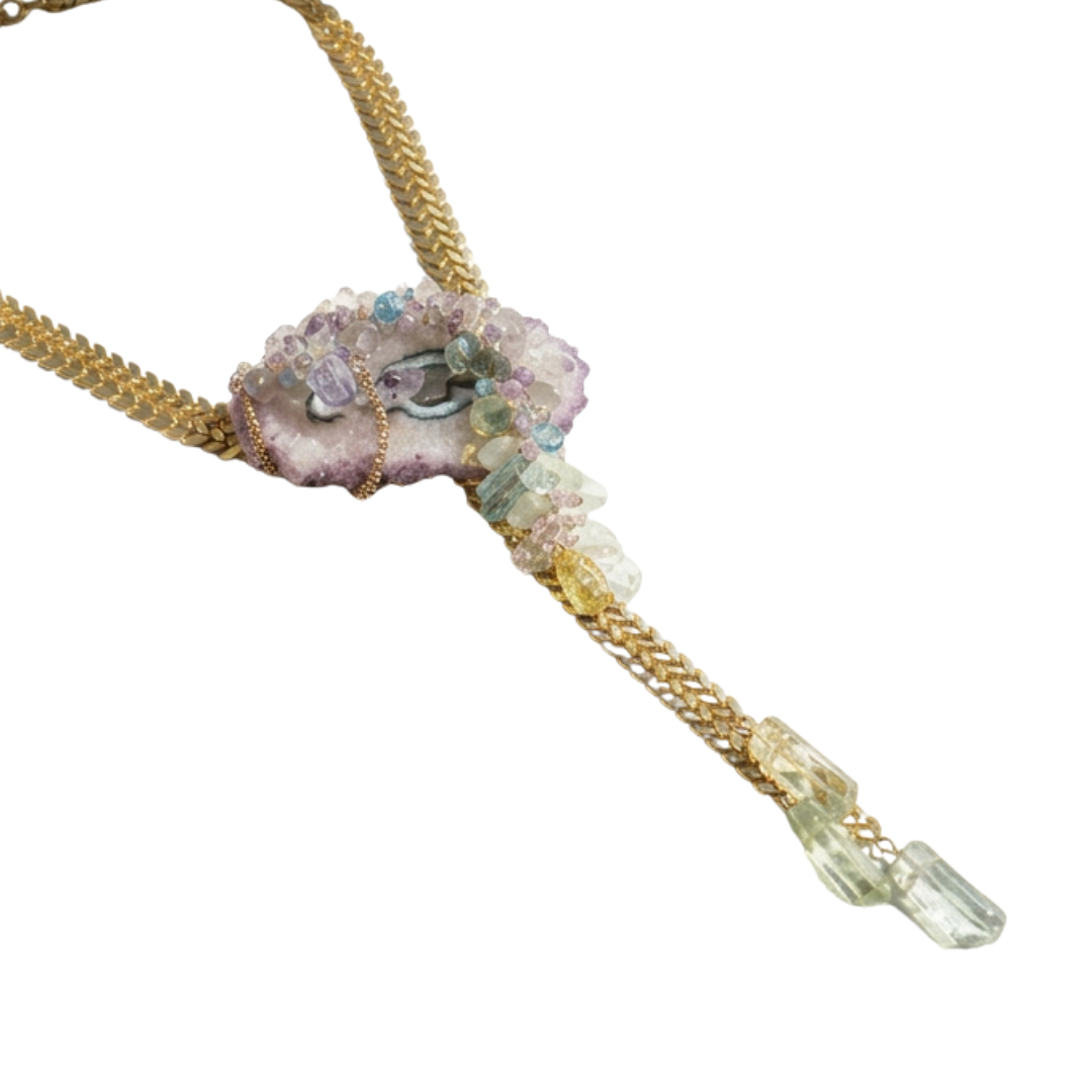Cascade Amethyst Stalactite Necklace by Andrea Li, an amethyst stalactite slice set point-down on a gold chain, with a cluster of pastel gemstones and pale green drops