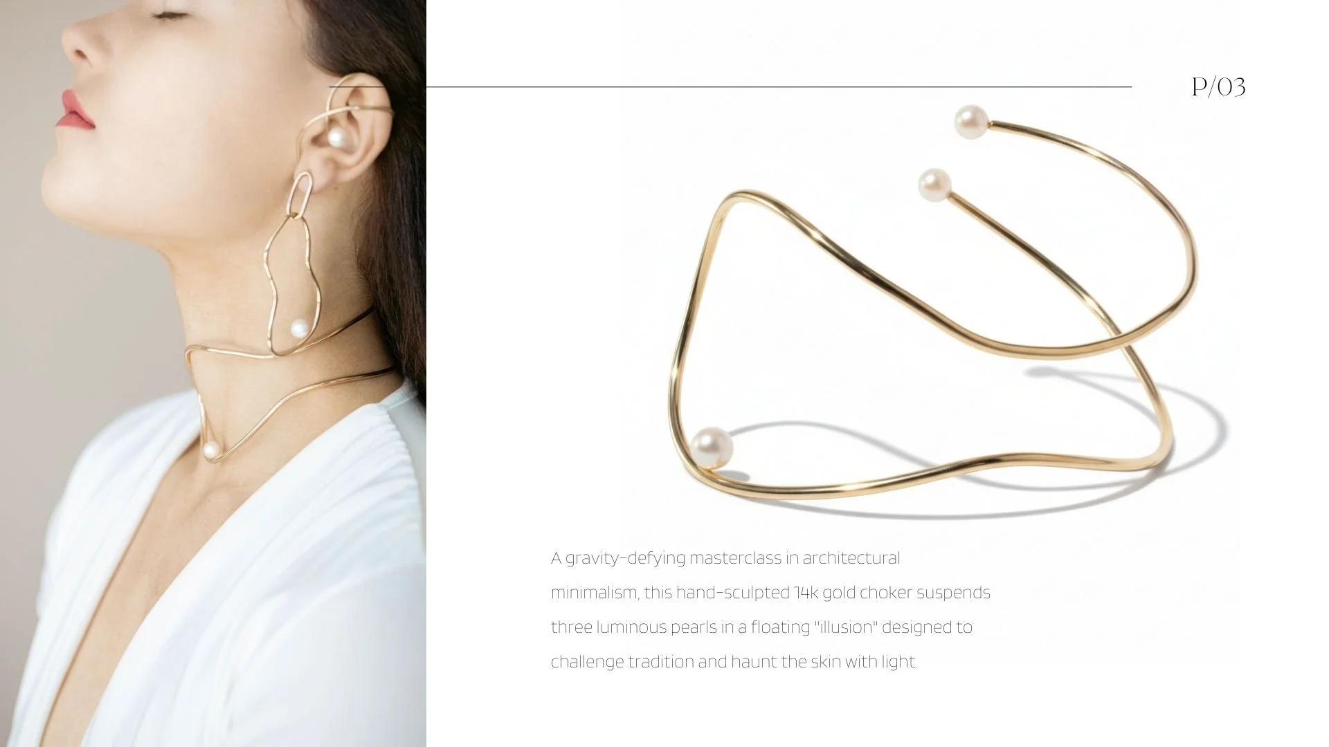 Aglow lookbook page featuring a model wearing a sculptural 14k gold wire choker with floating pearls, alongside a clean product photo of the minimalist pearl choker on a white background.
