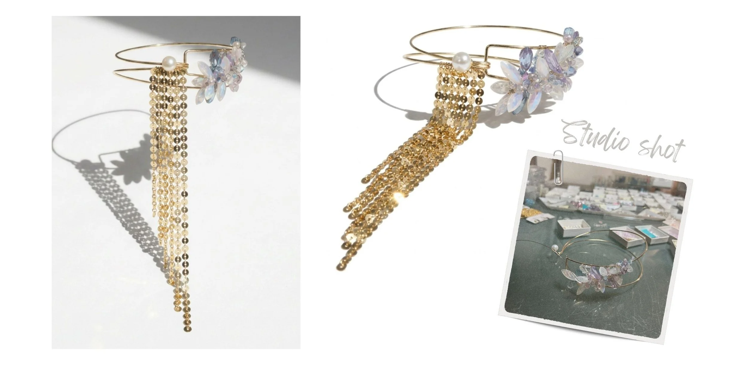 Collage of a gold halo choker with pastel crystal detail, paired with a pinned studio process photo on a light background.