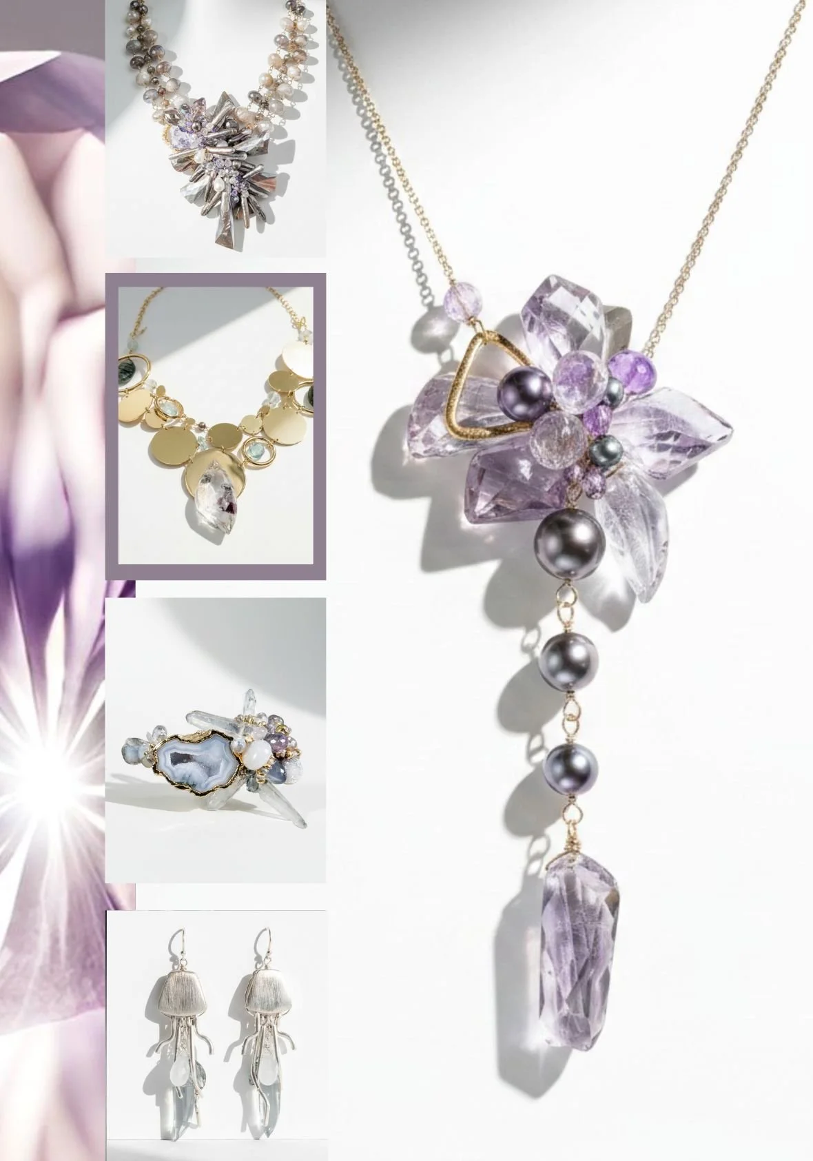 Collage of custom commission jewelry, featuring a lavender gemstone pendant necklace with smaller necklace, ring, and earring designs.