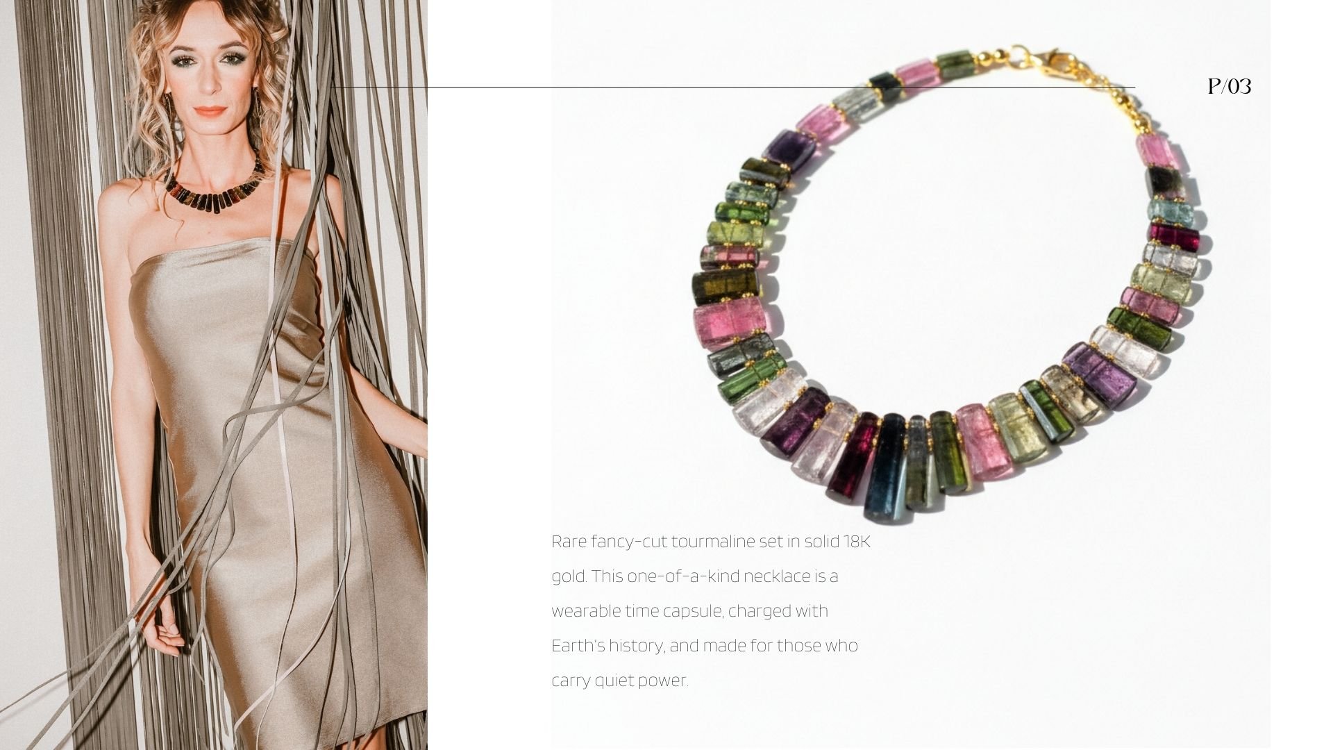 Orenda lookbook page showing a model in a champagne satin dress wearing a multicolor tourmaline collar necklace, alongside a product photo of the one-of-a-kind fancy-cut tourmaline necklace set in solid 18K gold.