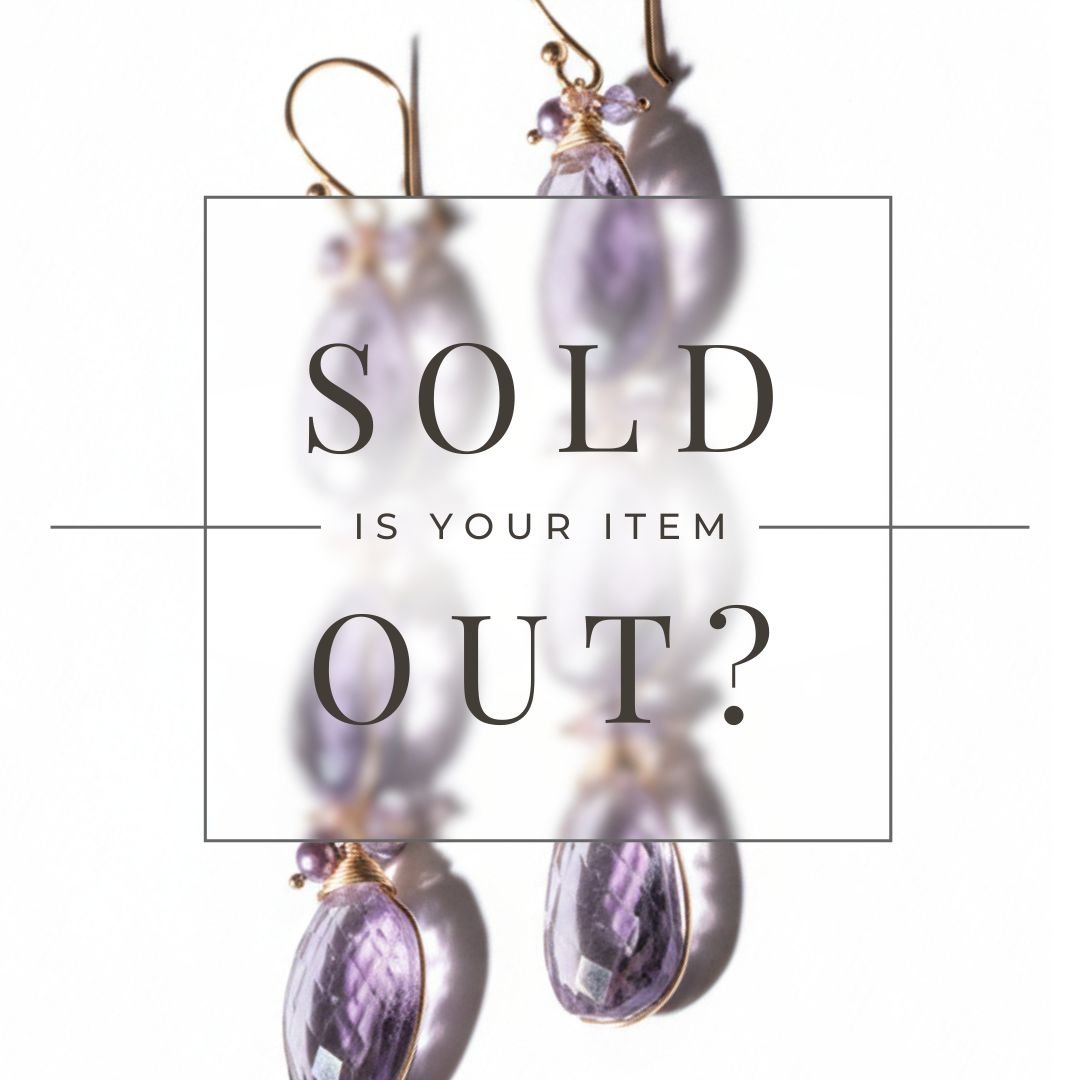 Square graphic with blurred purple gemstone drop earrings in the background and centered text reading SOLD — IS YOUR ITEM OUT?