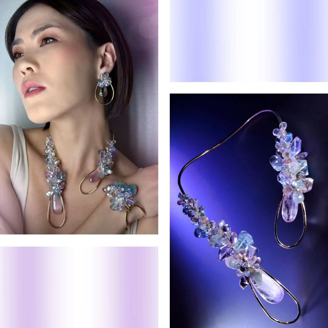 model wearing a pastel gemstone necklace and a product image of a choker