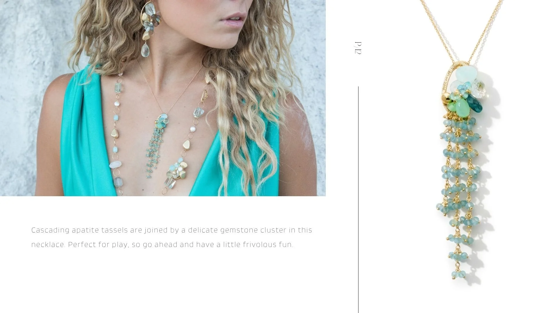 Jewelry editorial with a blonde model in turquoise layered necklaces, beside a close-up of a tassel pendant with pale green stones.